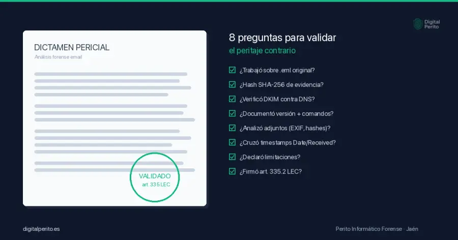 Qué pedir al perito (.eml originales, no PDFs), qué debe firmar conforme al art. 335.2 LEC, 8 preguntas para destruir un peritaje malo de email y cuándo impugnar el dictamen contrario.
