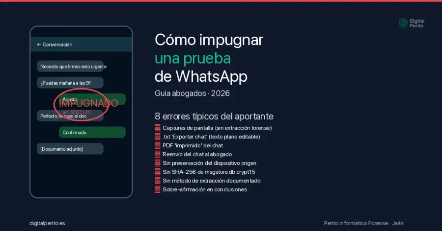 8 errores típicos en presentación de WhatsApp como prueba + 8 argumentos técnico-procesales para impugnar el dictamen pericial contrario. Guía práctica para abogados.