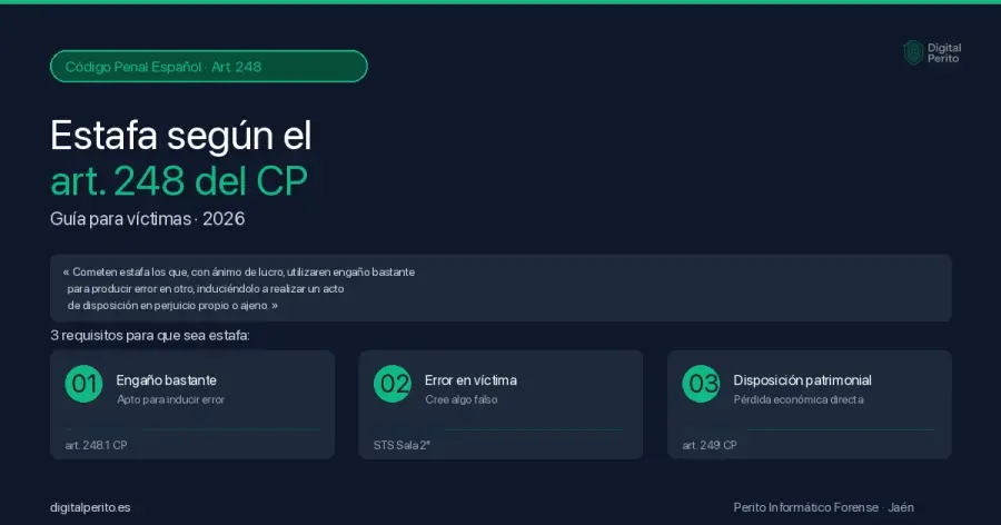 Qué exige el art. 248 CP para que una conducta sea estafa, qué hacer en las primeras 24 h tras descubrirla, cómo denunciar en GDT/BCIT y cuándo el peritaje informático es decisivo para reclamar.