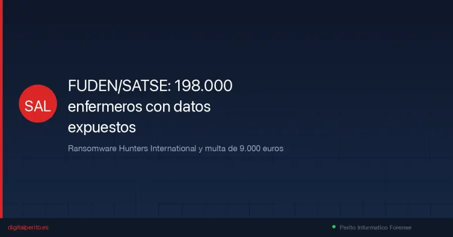 Hunters International ataca a FUDEN y expone DNI, telefonos y datos personales de 198.000 enfermeros. La AEPD sanciona con 9.000 euros. Analisis forense del caso y por que la multa no desincentiva.