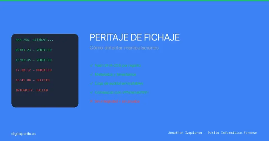 Guía técnica forense para detectar manipulaciones en registros de fichaje: hash SHA-256, metadatos, logs y jurisprudencia española aplicable.