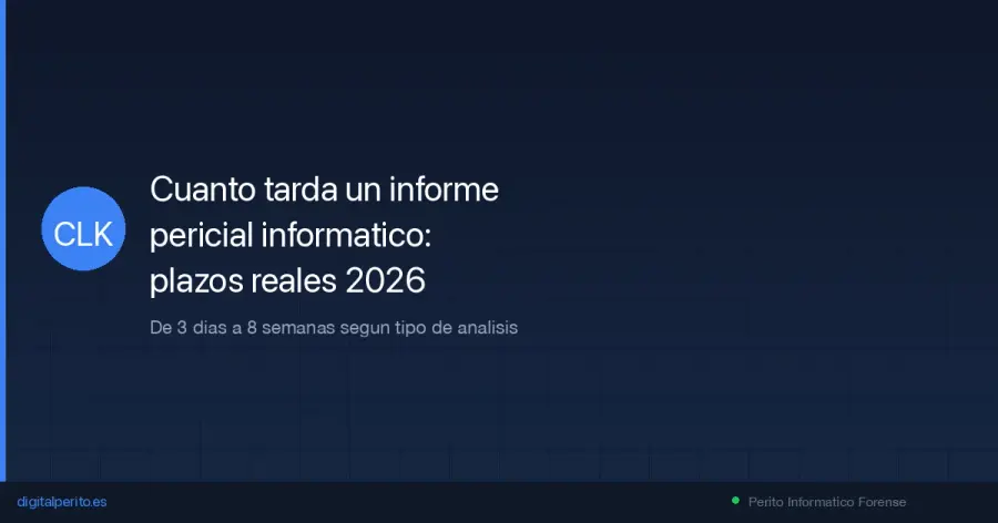 Plazos reales de un informe pericial informatico en Espana: desde 3 dias para WhatsApp hasta 8 semanas en casos complejos. Plazos procesales LEC y LECrim incluidos.